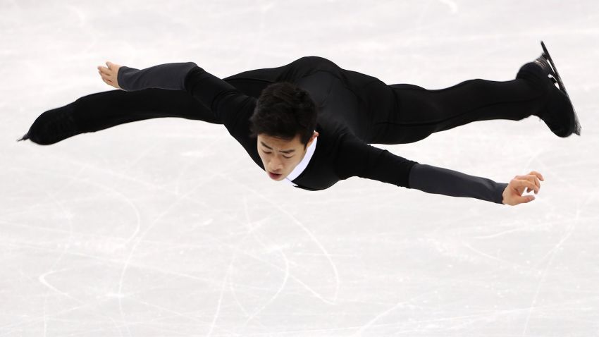 GANGNEUNG, SOUTH KOREA  FEBRUARY 17, 2018: Figure skater Nathan Chen of the United States performs a death drop during the men's free skating event at the 2018 Winter Olympic Games, at the Gangneung Ice Arena. Valery Sharifulin/TASS (Photo by Valery Sharifulin\TASS via Getty Images)