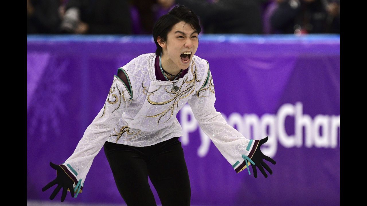 Japanese figure skater Yuzuru Hanyu performs his free skate on his way to winning the gold medal. Hanyu is the first man to repeat as Olympic champion since Dick Button in 1952.