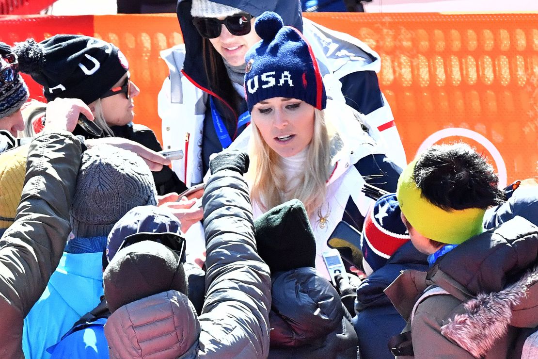 Vonn talking to the media after the race