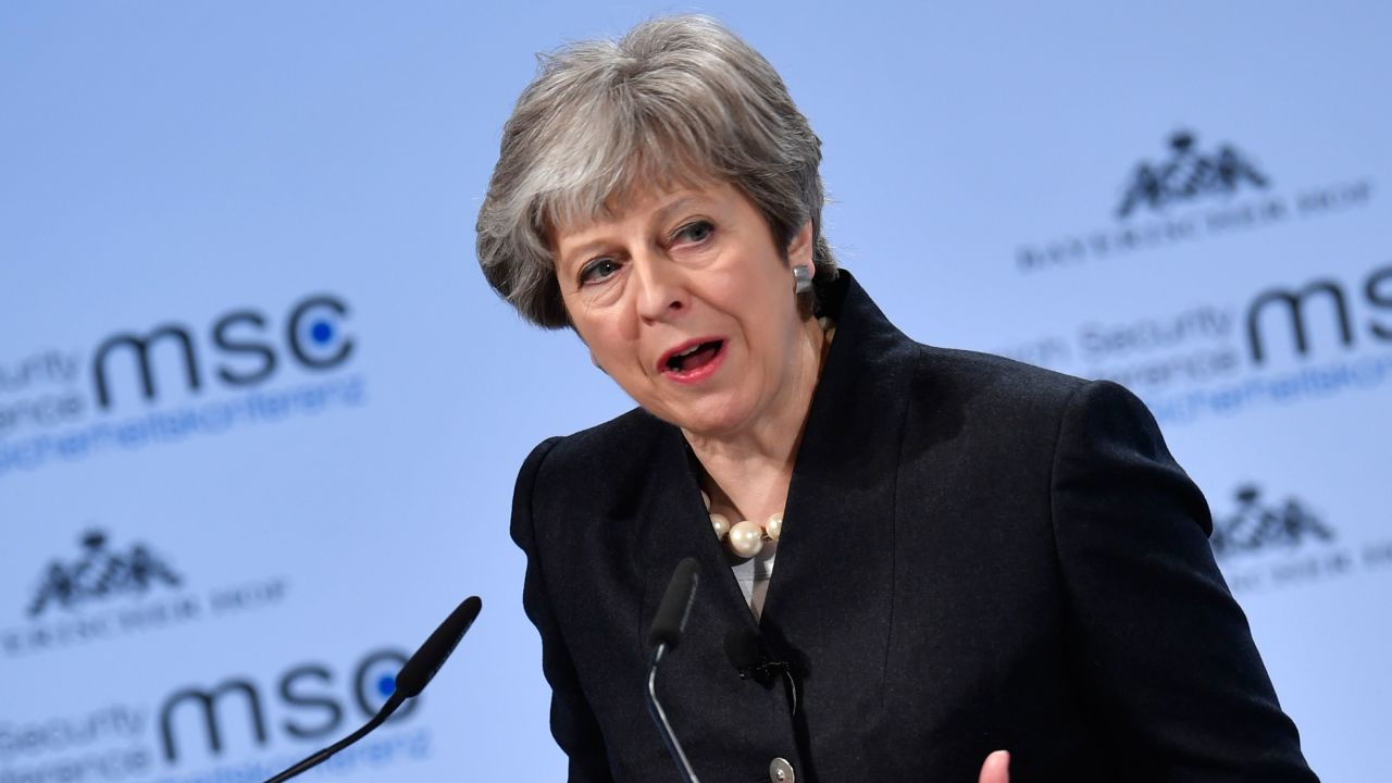 British Prime Minister Theresa May gives a speech during the Munich Security Conference on February 17, 2018 in Munich, southern Germany.
Global security chiefs and top diplomats attend the annual Munich Security Conference running until February 18, 2018 to discuss Syria, Ukraine and other international conflicts and crises. / AFP PHOTO / Thomas KIENZLE (Photo credit should read THOMAS KIENZLE/AFP/Getty Images)