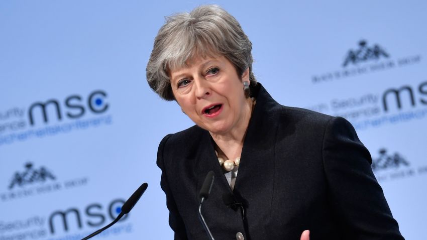 British Prime Minister Theresa May gives a speech during the Munich Security Conference on February 17, 2018 in Munich, southern Germany.
Global security chiefs and top diplomats attend the annual Munich Security Conference running until February 18, 2018 to discuss Syria, Ukraine and other international conflicts and crises.  / AFP PHOTO / Thomas KIENZLE        (Photo credit should read THOMAS KIENZLE/AFP/Getty Images)