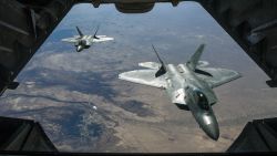 Two U.S. Air Force F-22 Raptors fly above Syria in support of Operation Inherent Resolve, Feb. 2, 2018. The F-22 is an air superiority fighter that incorporates the latest technological advances in reduced observables, avionics, engine performance and aerodynamic design. (U.S. Air National Guard photo by Staff Sgt. Colton Elliott)