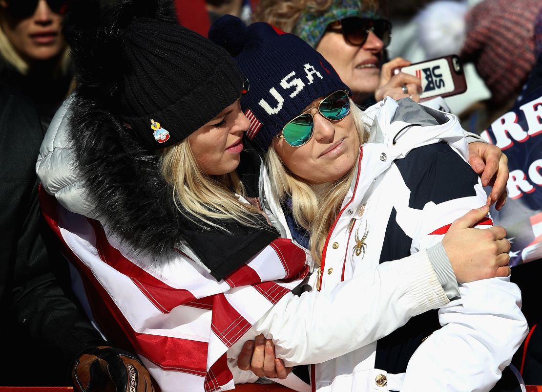Vonn is consoled at the finish after skiing in the super-G Saturday.