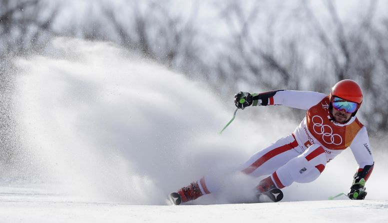 Austria's Marcel Hirscher competes during the first run of the men's giant slalom. The Austrian dominated the men's giant slalom at the World Cup in Beaver Creek in December and took home his first gold medal at the Winter Olympics in Pyeongchang.