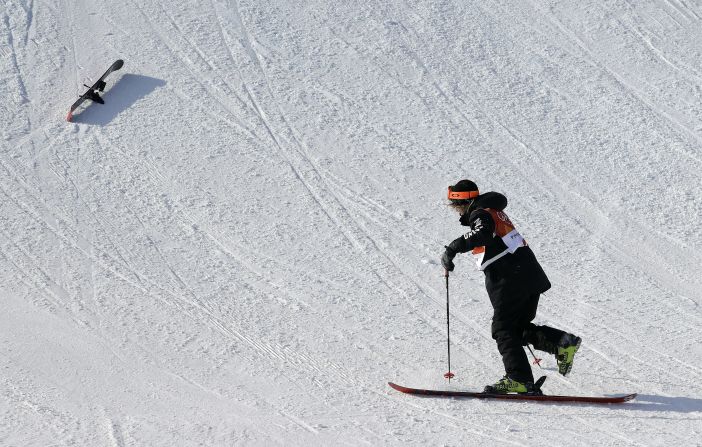 Finn?Bilous, of New Zealand, gets up after crashing during the men's slopestyle freestyle skiing.