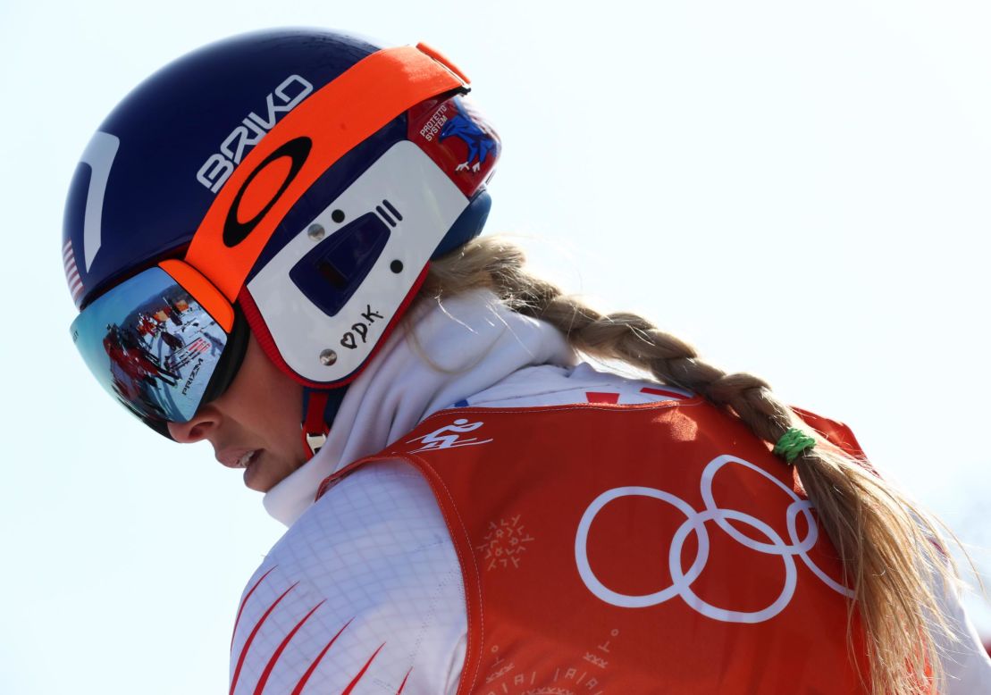 Lindsey Vonn of the United States looks on during the alpine skiing women's downhill training.