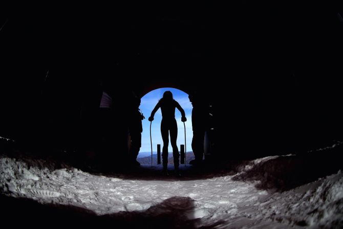 Patricia Mangan of the United States starts a training run for the women's alpine skiing downhill.