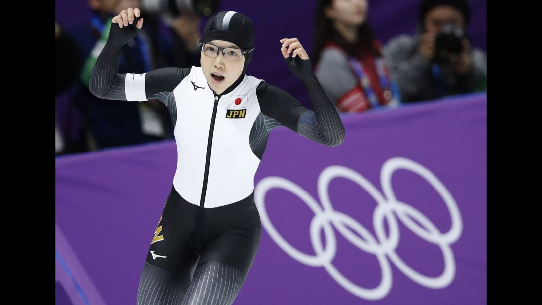 Japan's Nao Kodaira celebrates after setting a new Olympic record in the women's 500-meters speed skating event.