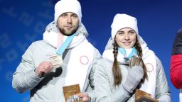 PYEONGCHANG-GUN, SOUTH KOREA - FEBRUARY 14:  Bronze medalists Aleksandr Krushelnitckii and Anastasia Bryzgalova of Olympic Athletes from Russia pose during the medal ceremony for Curling Mixed Doubles on day five of the PyeongChang 2018 Winter Olympics at Medal Plaza on February 14, 2018 in Pyeongchang-gun, South Korea.  (Photo by Andreas Rentz/Getty Images)