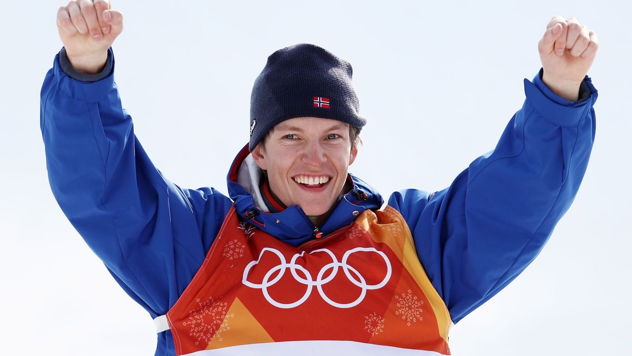 Gold medalist Oystein Braaten of Norway celebrates on the podium in Pyeongchang, South Korea.