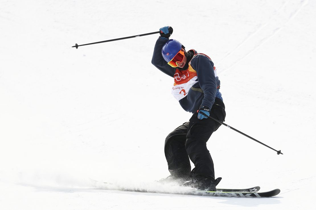 Oystein Braaten of Norway celebrates his first run during the men's ski slopestyle final. 