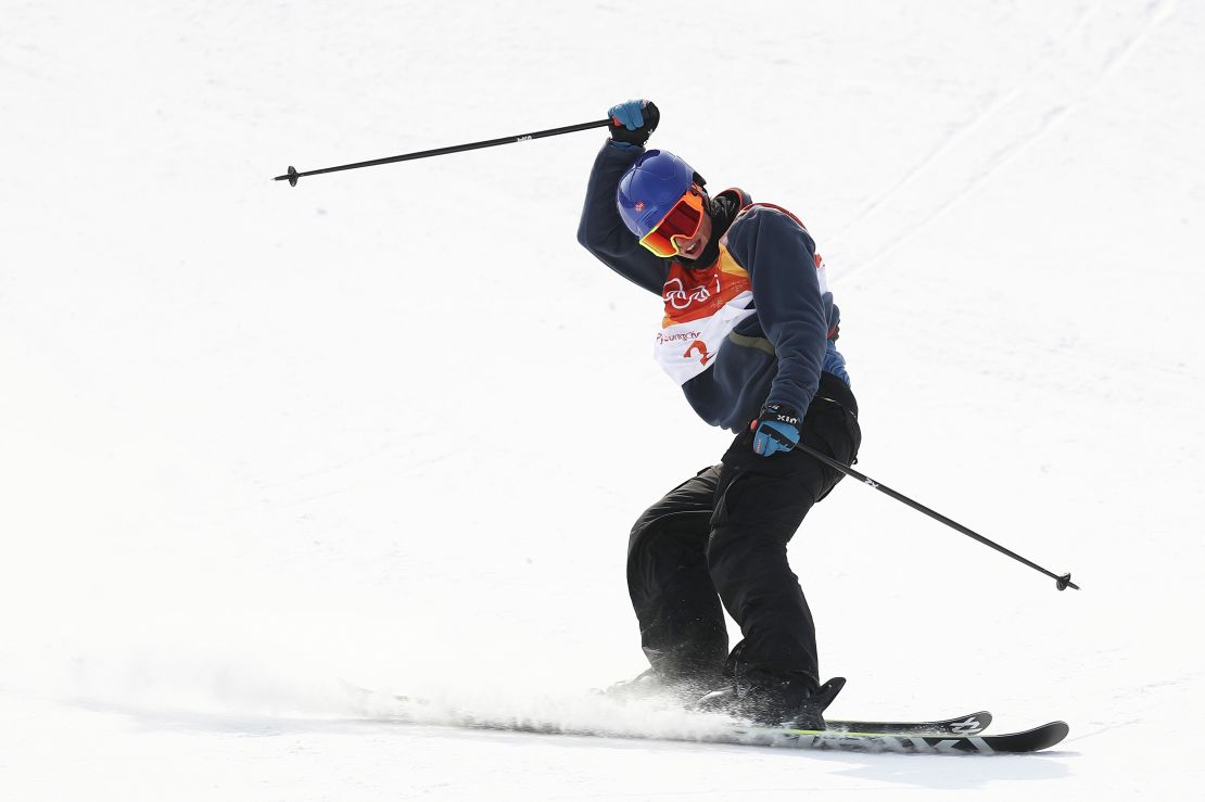 Oystein Braaten of Norway celebrates his first run during the men's ski slopestyle final.