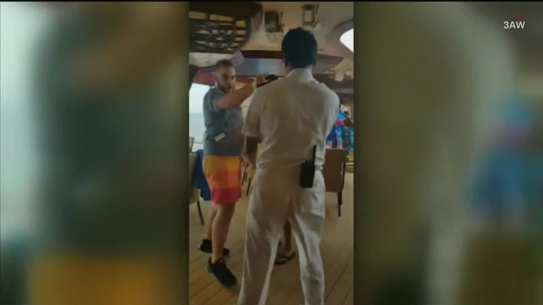 Video shows the passengers brawling with each other and being confronted by crew members.