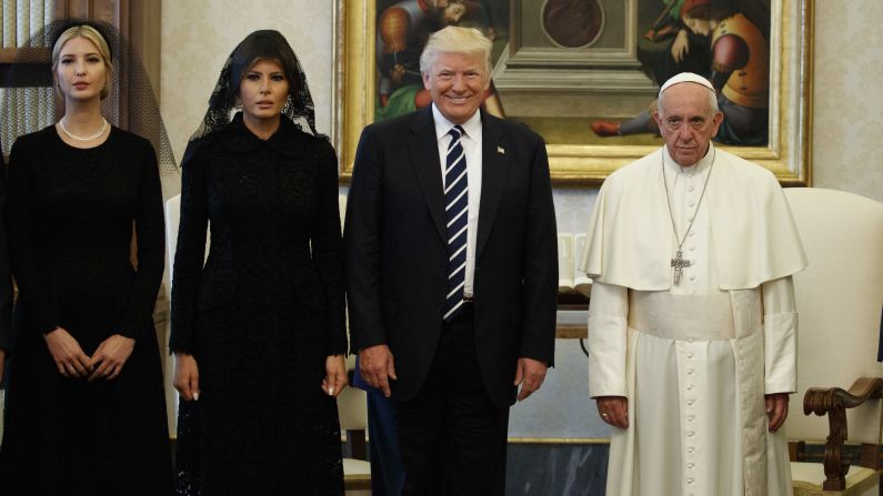 Francis stands with US President Donald Trump and his family during a <a href="index.php?page=&url=http%3A%2F%2Fwww.cnn.com%2Finteractive%2F2017%2F05%2Fpolitics%2Ftrump-foreign-trip-cnnphotos%2F" target="_blank">private audience at the Vatican</a> in May 2017. Joining the President are his wife, Melania, and his daughter Ivanka.