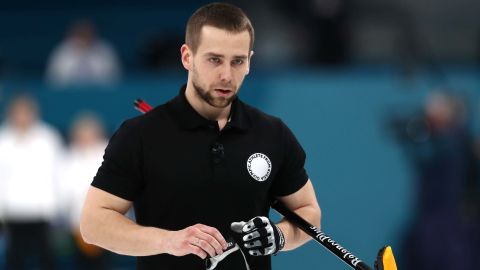 Aleksandr Krushelnitckii of Olympic Athletes from Russia looks on during the Curling Mixed Doubles bronze medal game.