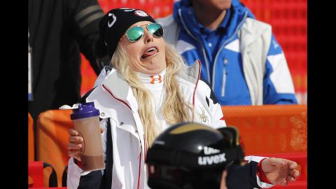 US skier Lindsey Vonn makes a face after completing a downhill training run.