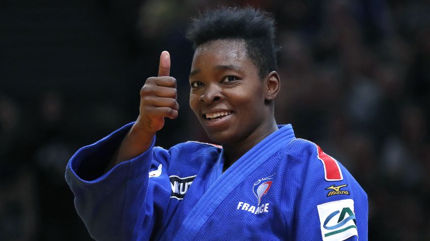 French Audrey Tcheumeo reacts after defeating Japan Ruika Sato during the -70 kgs final, on February 12, 2017 at the AccorHotels Arena in Paris, during the Judo Grand Slam Paris 2017.   / AFP PHOTO / PATRICK KOVARIK        (Photo credit should read PATRICK KOVARIK/AFP/Getty Images)
