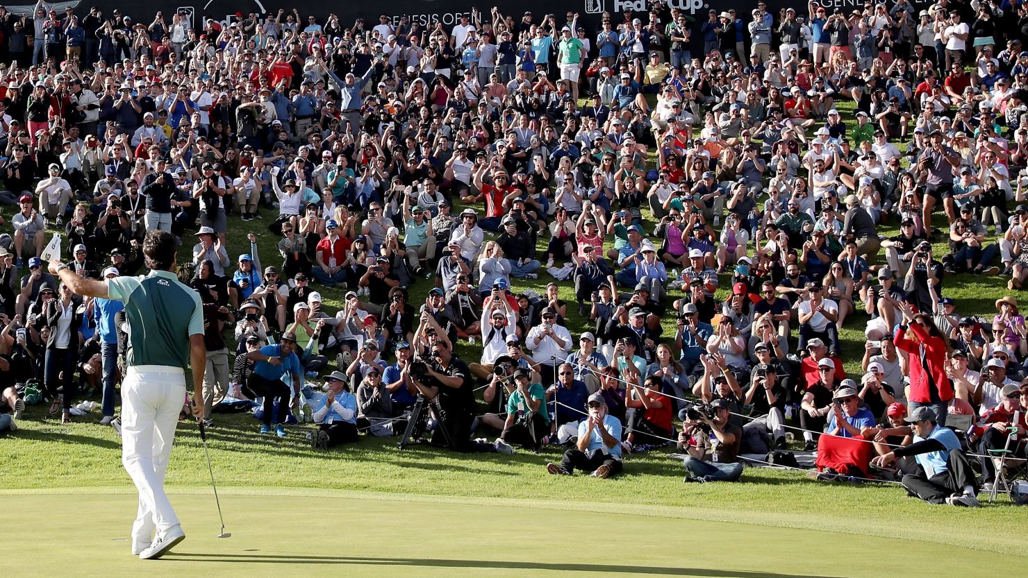 Bubba Watson salutes the crowd after winning the Genesis Open at Riviera Country Club.