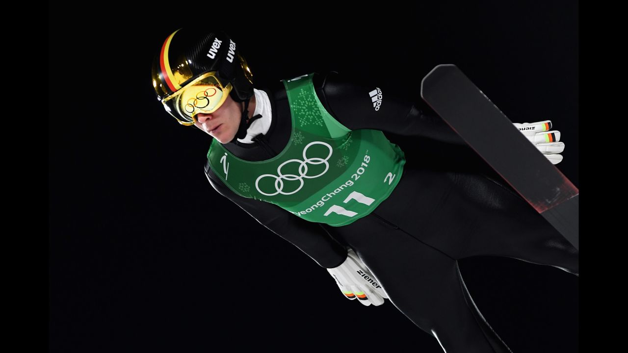 German ski jumper Stephan Leyhe competes in the team event. Germany won the silver. Norway finished in first.