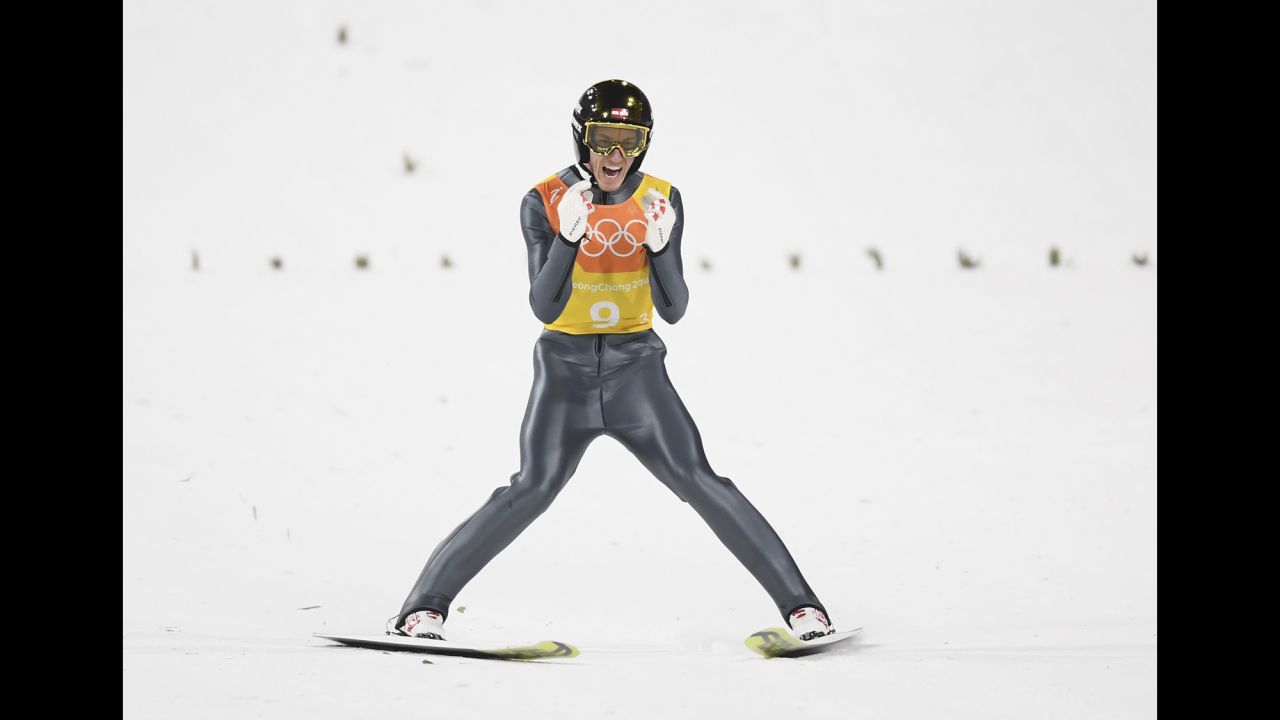Austrian ski jumper Gregor Schlierenzauer lands during the team event.
