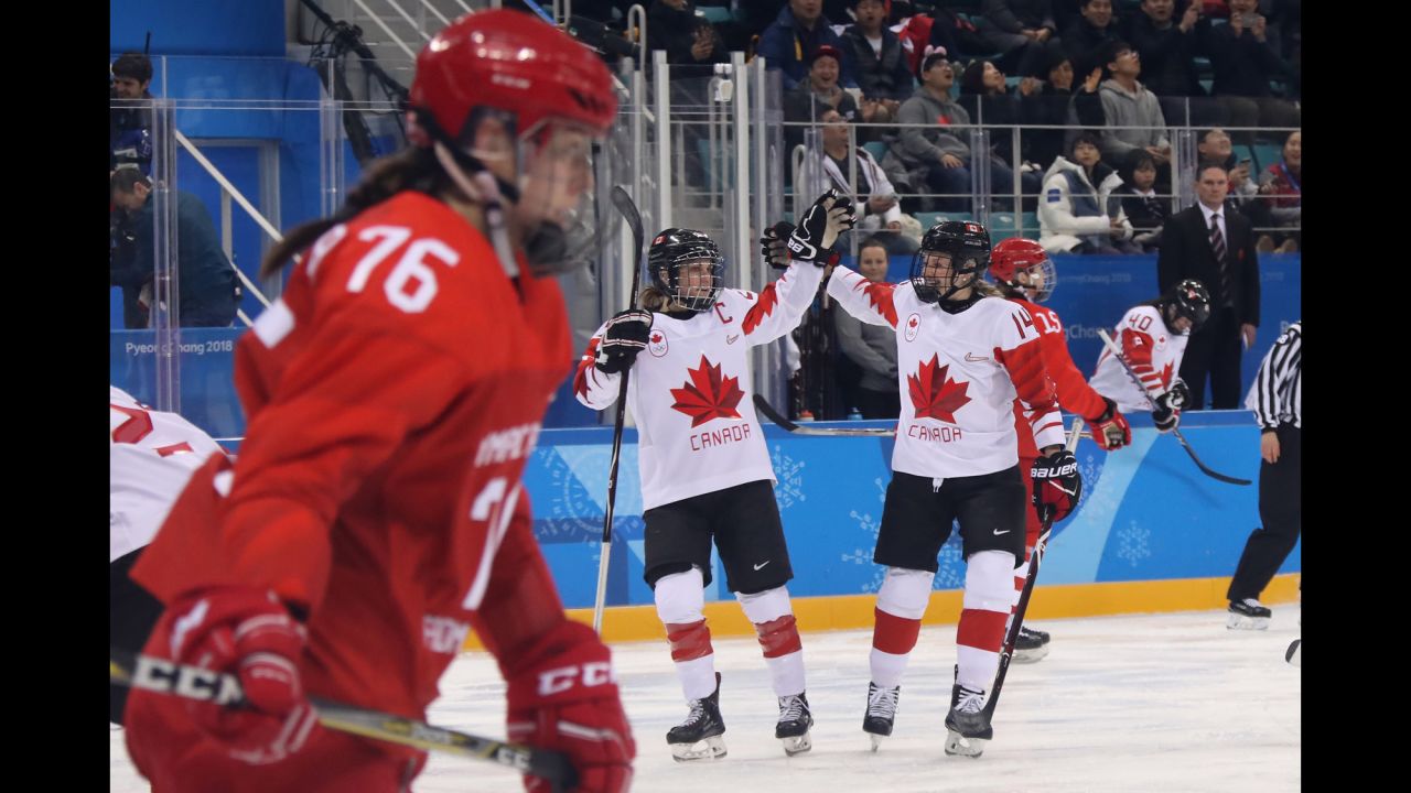 Team Canada celebrates after scoring a semifinal goal against the Olympic Athletes from Russia. Canada won 5-0 and will be in the gold-medal game once again.