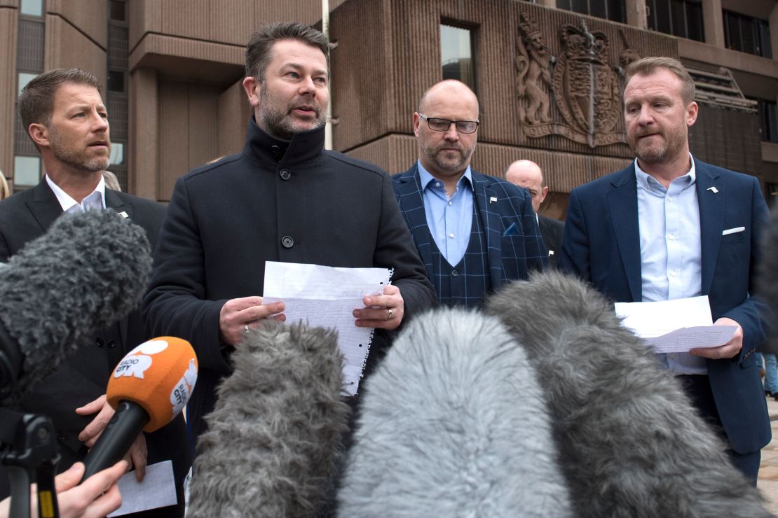 Bennell's victims -- (L-R) Steve Walters, Gary Cliffe, Chris Unsworth and Micky Fallon -- speak outside court on Monday.