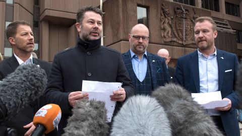 Bennell's victims -- (L-R) Steve Walters, Gary Cliffe, Chris Unsworth and Micky Fallon -- speak outside court on Monday.