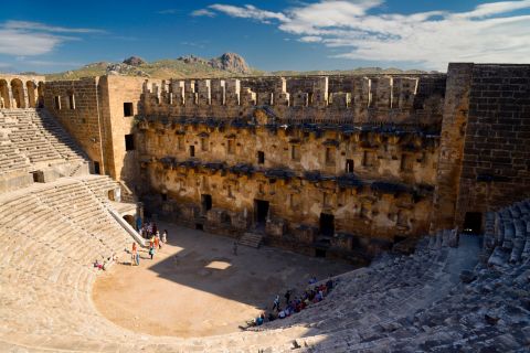 Three miles south of Belkis in southern Turkey are the ruins of Aspendos, a Greco-Roman city that passed into the hands of the latter in 189 BC.  The site's colossal theater dedicated to Marcus Aurelius remains its star attraction.