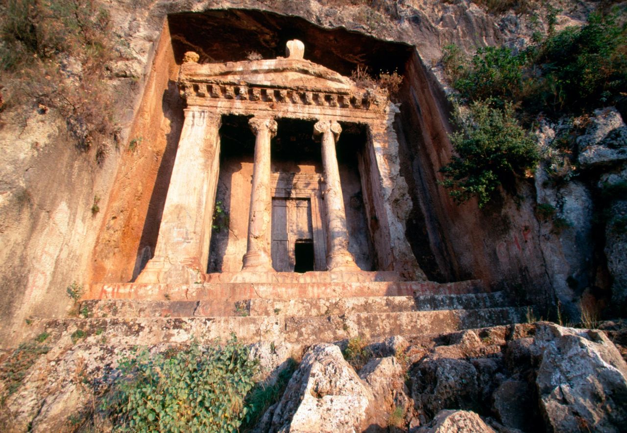 The final resting place of "Amyntas, son of Hermagios" dates from the mid-4th century BC. Cut into the hillside overlooking the modern city of Fethiye, close to the Aegean Sea, it was built by the Lycians of Telmessos, a city-state that would go on to be conquered by Alexander the Great.