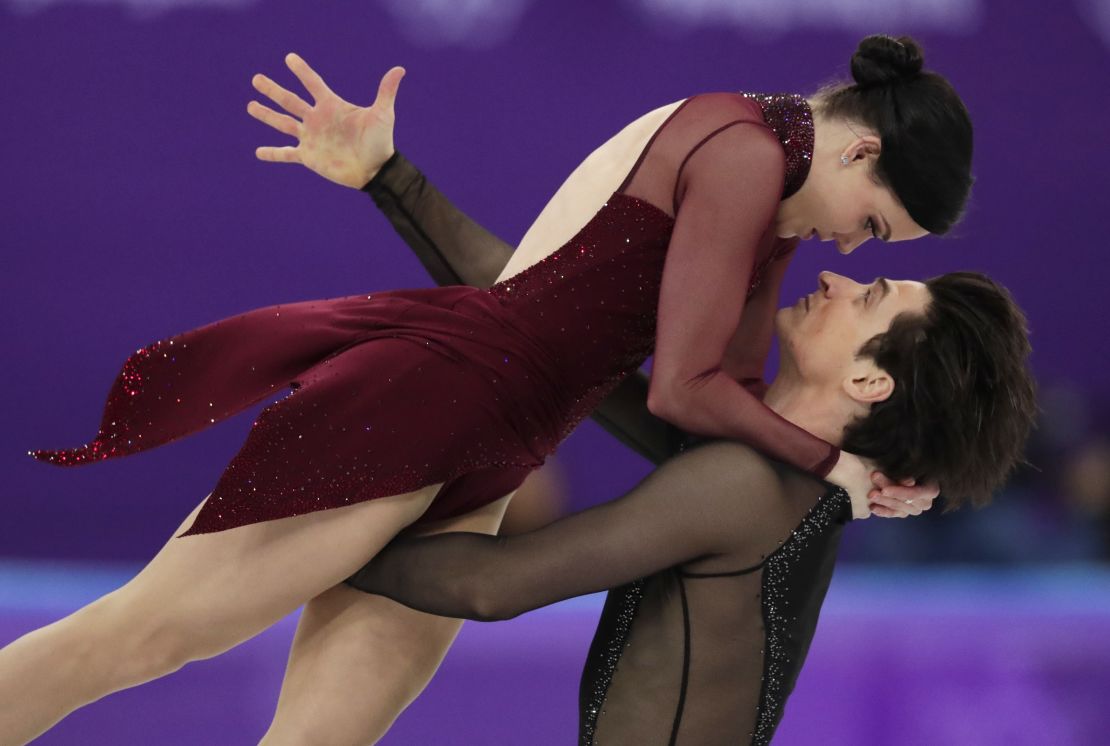 Tessa Virtue and Scott Moir of Canada perform during the ice dance, free dance figure skating final in the Gangneung Ice Arena at the 2018 Winter Olympics.