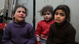 Syrian children cry at a make-shift hospital in Douma following air strikes on the Syrian village of Mesraba in the besieged Eastern Ghouta region on the outskirts of the capital Damascus, on February 19, 2018.
Heavy Syrian bombardment killed dozens of civilians in rebel-held Eastern Ghouta, as regime forces appeared to prepare for an imminent ground assault. / AFP PHOTO / Hamza Al-Ajweh        (Photo credit should read HAMZA AL-AJWEH/AFP/Getty Images)