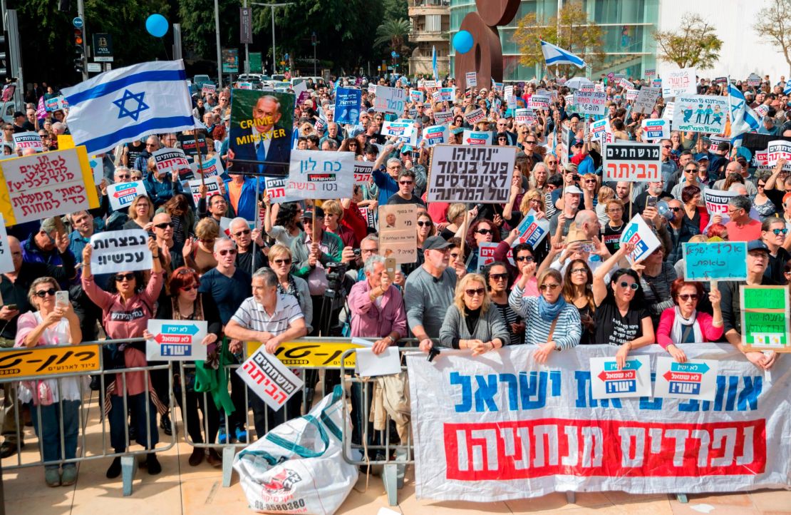 Crowds in Tel Aviv protest against Prime Minister Benjamin Netanyahu.