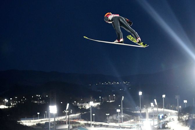 Japan's Akito Watabe competes during the ski-jumping portion of the Nordic combined.