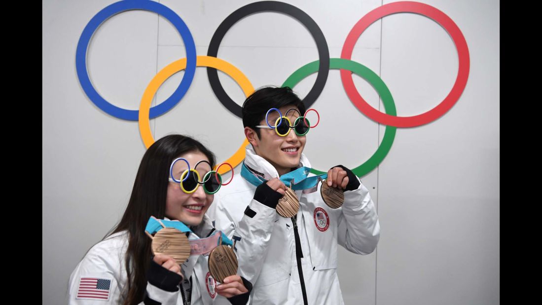 US ice dancers Maia and Alex Shibutani pose with their bronze medals.