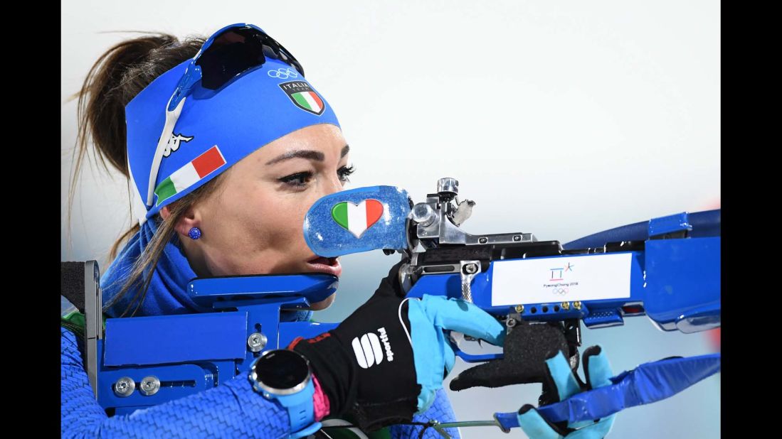 Italian biathlete Dorothea Wierer sets her sights during a mixed relay event.