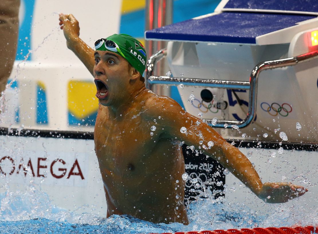 Le Clos reacts to beating swimming legend Michael Phelps at the 2012 London Olympics