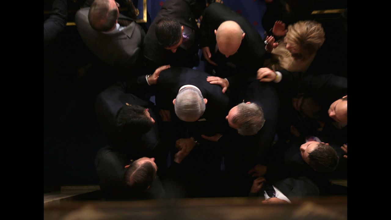 Netanyahu is greeted by members of US Congress as he arrives to speak in the House chamber in March 2015. He warned that a proposed agreement between world powers and Iran was "a bad deal" that would not stop Tehran from getting nuclear weapons — but would rather pave its way to getting lots of them and leave the Jewish State in grave peril.