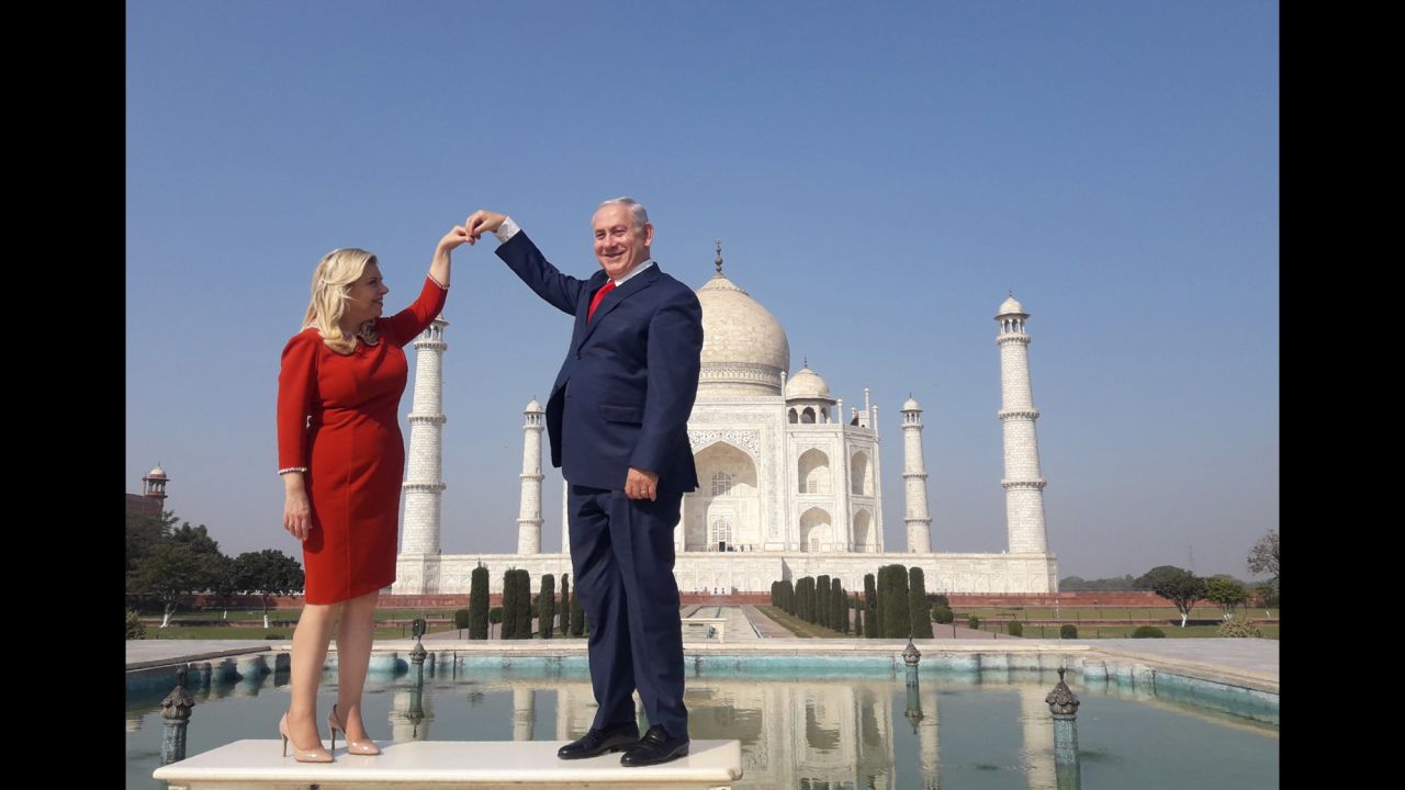 Netanyahu and his wife, Sara, pose for a photo at the Taj Mahal in Agra, India, in January 2018.