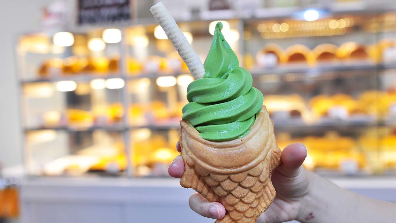 <strong>Bake:</strong> Bake's most Instagrammable offering is their soft-serve matcha tea ice-cream served in a fish-shaped taiyaki waffle cone with a jaunty wafer.