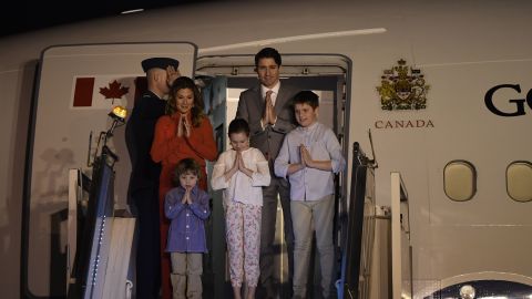 Canadian Prime Minister Justin Trudeau, along with his wife and three children, arrive in New Delhi on February 17.