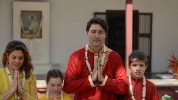 Canadian Prime Minister Justin Trudeau (2nd) with his wife Sophie Gregoire Trudeau (L),  daughter Ella-Grace (2nd L) and son Xavier (R) visit Gandhi Ashram in Ahmedabad on February 19, 2018.
The ashram was one of the residences of Indian independence icon Mahatma Gandhi, and was from where he launched his famous 1930 protest march against the British Salt Law. Trudeau and his family are visiting India on a week-long official trip. / AFP PHOTO / SAM PANTHAKY        (Photo credit should read SAM PANTHAKY/AFP/Getty Images)