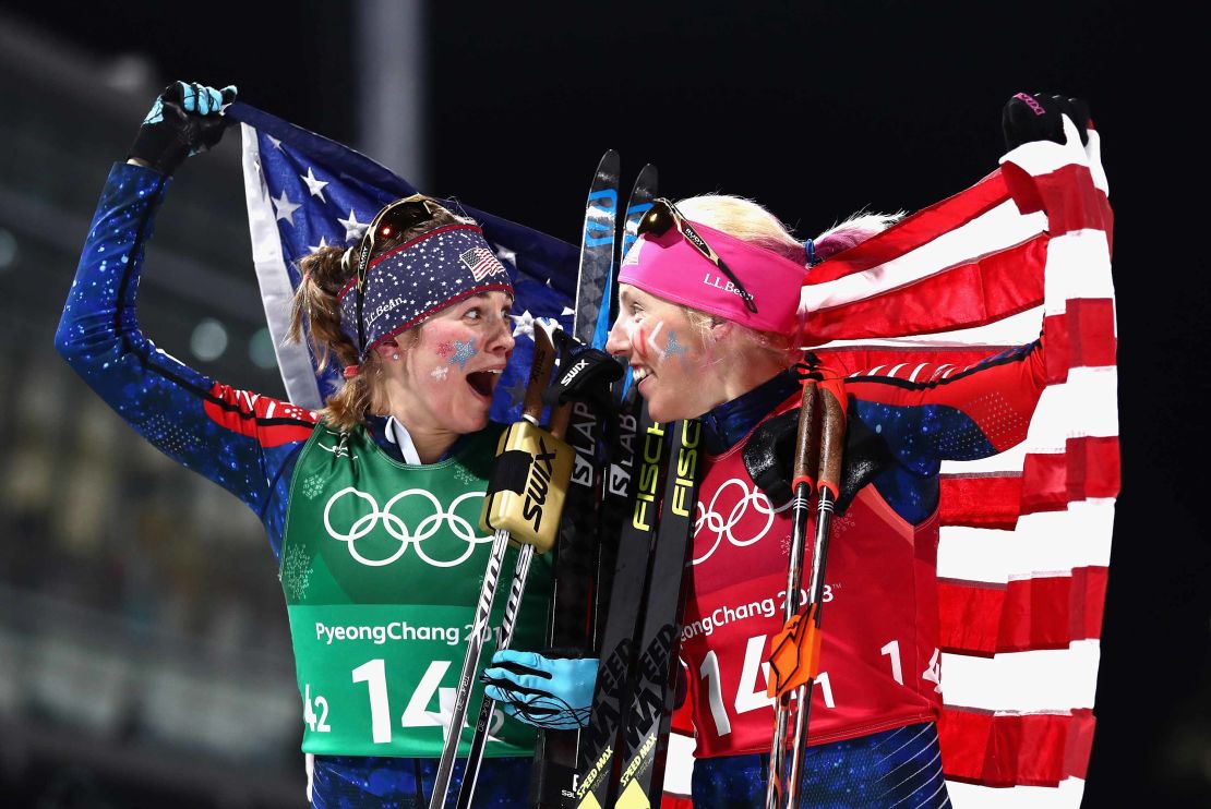 Jessie Diggins of the United States, left, and Kikkan Randall of the United States celebrate winning the  gold in the Cross Country Ladies' Team Sprint Free Final.