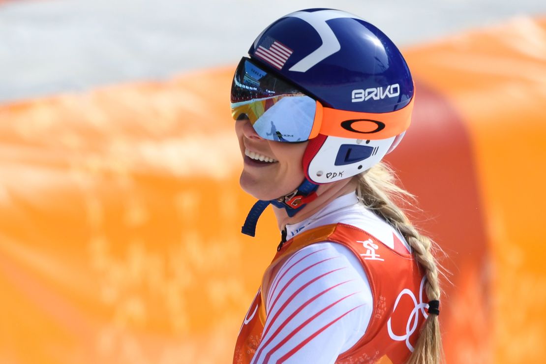 Vonn reacts after crossing the finish line in the downhill