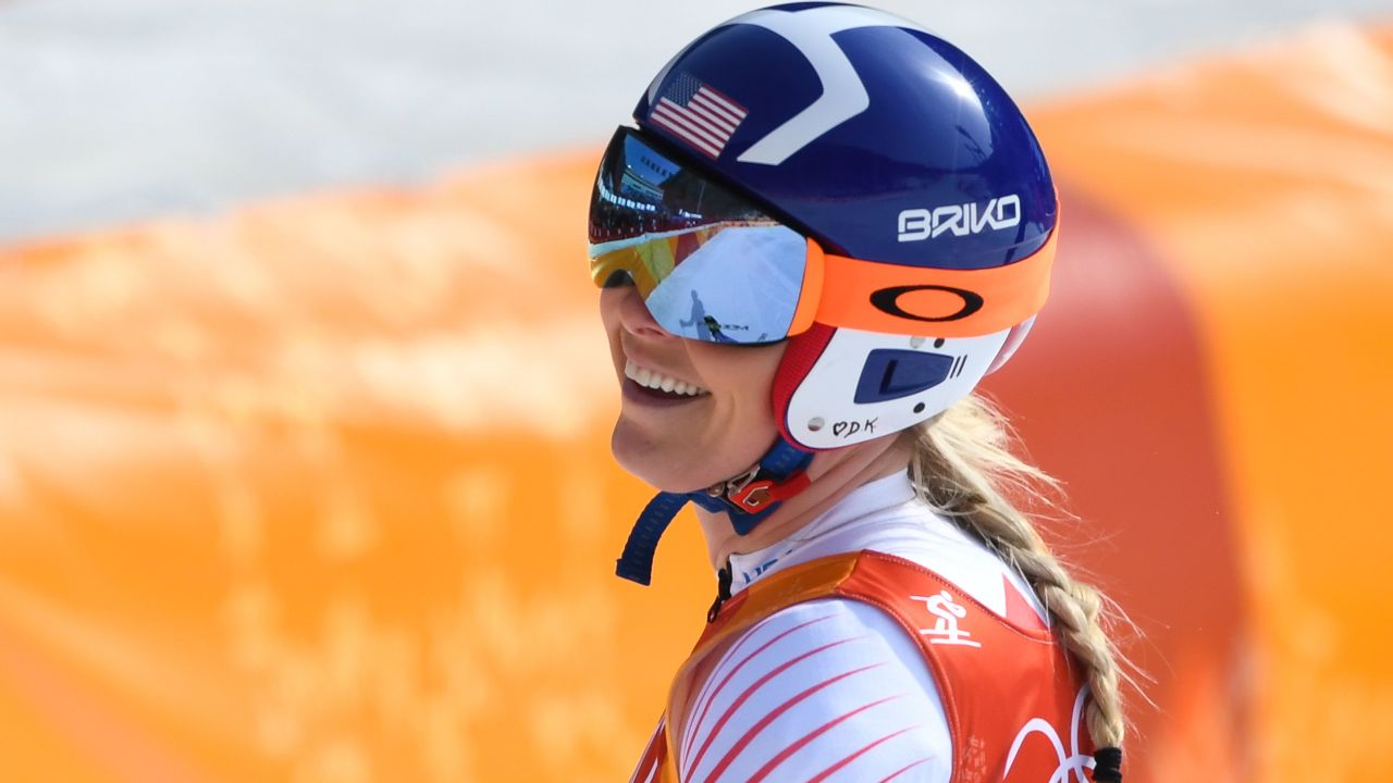 Vonn reacts after crossing the finish line in the downhill