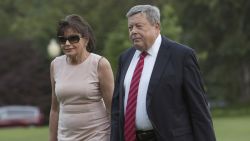 Viktor Knavs and Amalija Knavs, parents of US first lady Melania Trump, arrive at the White House with the first family on June 11, 2017 in Washington, DC.