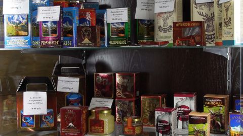 Products made from antler blood on sale
at a farm in Nikolskoe, Russia.