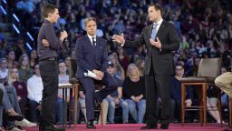Marjory Stoneman Douglas student Cameron Kasky asks Sen. Marco Rubio (R-Fla.), right, if he will continue to accept money from the NRA during a CNN town hall meeting on Wednesday, Feb. 21, 2018, at the BB&T Center, in Sunrise, F