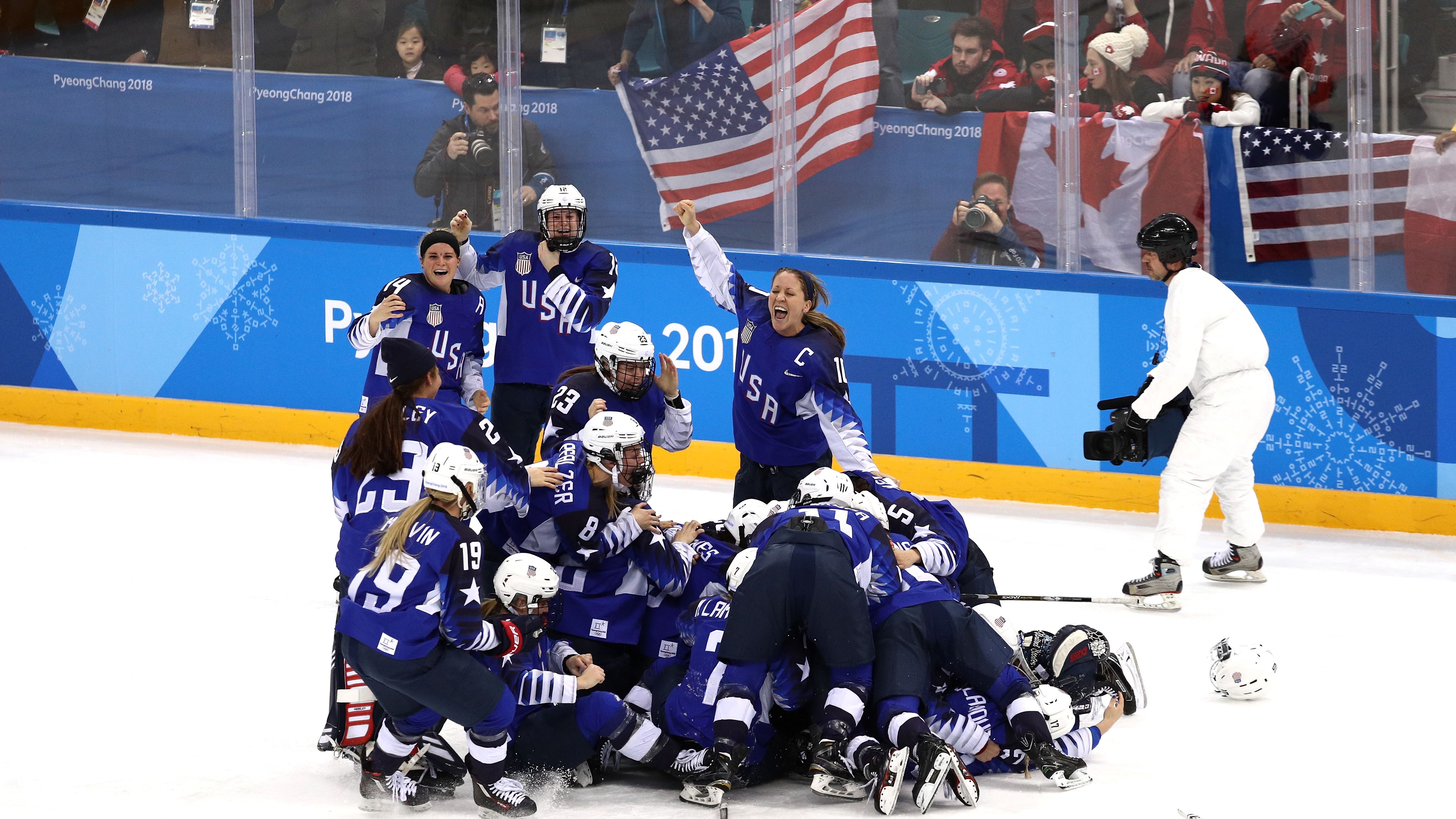 The US Women's Hockey Team celebrates after defeating Canada in a shootout to win the Women's Gold Medal Game on day thirteen of the PyeongChang 2018 Winter Olympic Games in South Korea.