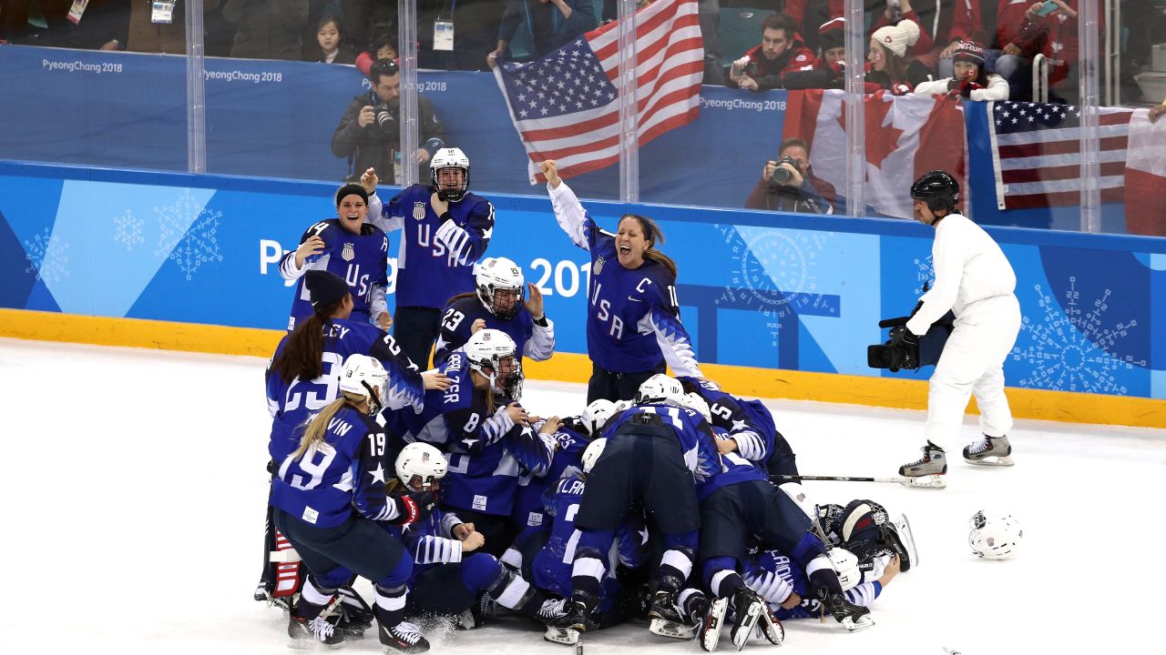 The US Women's Hockey Team celebrates after defeating Canada in a shootout to win the Women's Gold Medal Game on day thirteen of the PyeongChang 2018 Winter Olympic Games in South Korea.