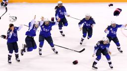GANGNEUNG, SOUTH KOREA - FEBRUARY 22:  The United States celebrates after defeating Canada in a shootout to win the Women's Gold Medal Game on day thirteen of the PyeongChang 2018 Winter Olympic Games at Gangneung Hockey Centre on February 22, 2018 in Gangneung, South Korea.  (Photo by Harry How/Getty Images)
